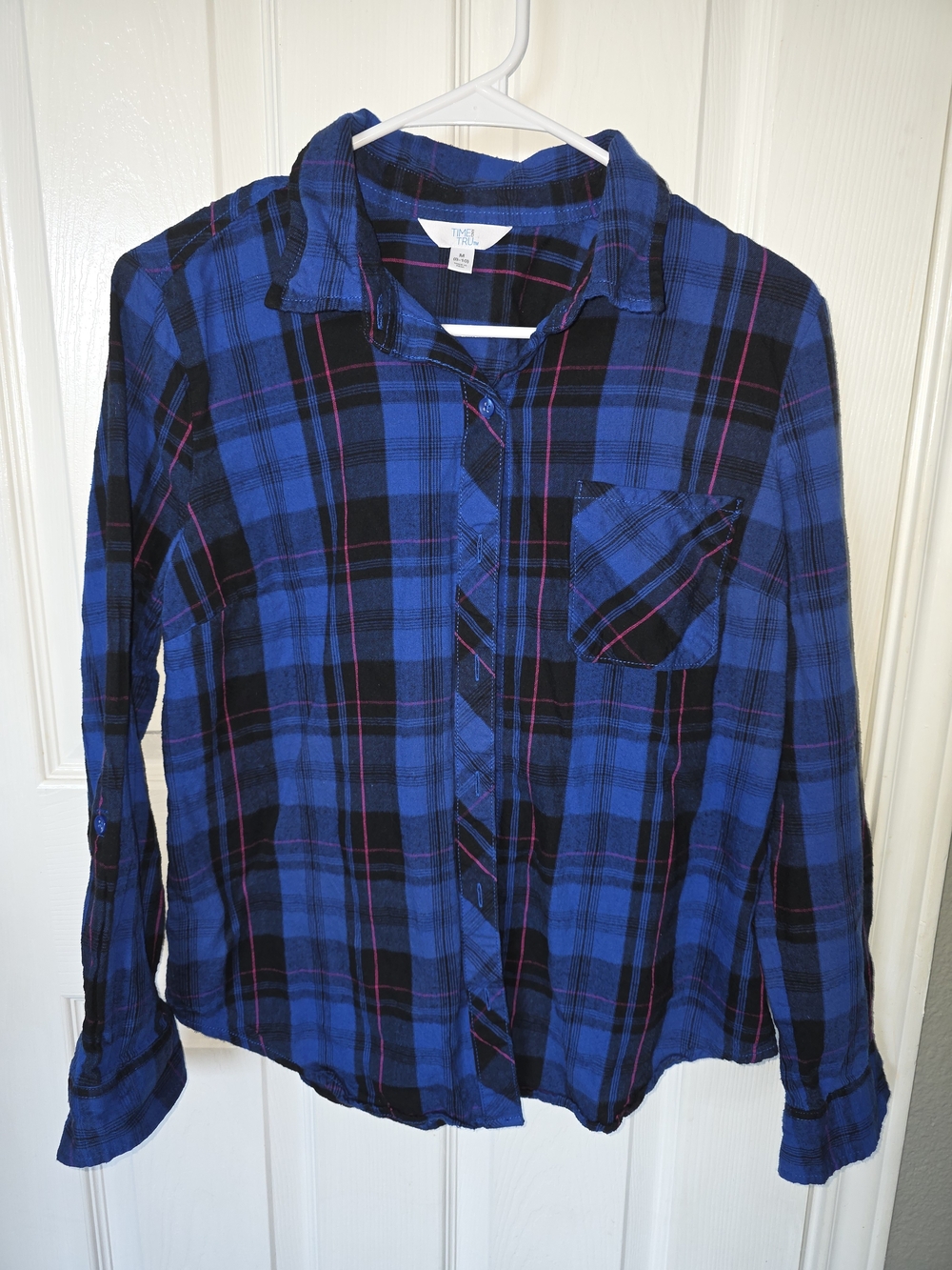 Time and Tru Royal Blue and Black Plaid Button-Down Shirt